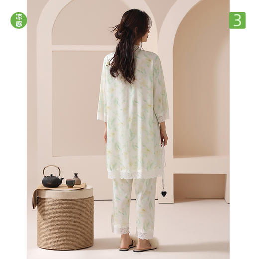 【凉感丝滑冰雪丝】自然醒竹叶笙笙春夏季新款中国风长袍睡衣女士凉感小翻领丝滑家居服睡袍套装JLM 商品图1