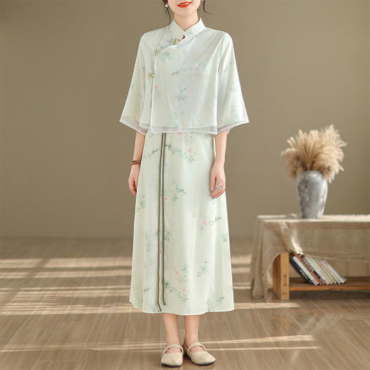 夏季新款，国风印花改良旗袍上衣+半身裙新中式汉服裙两件套装SJ-6632 商品图0