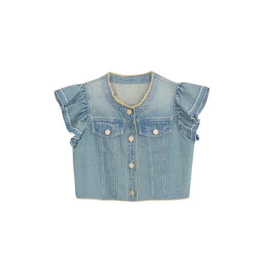 谜底牛仔马甲外套女2024夏新品复古文艺风荷叶袖短上衣242MW0562 商品图4