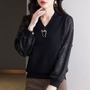 E3983 V领重工亮片长袖拼接上衣女2024年春秋洋气套头宽松针织打底毛衣 商品缩略图1
