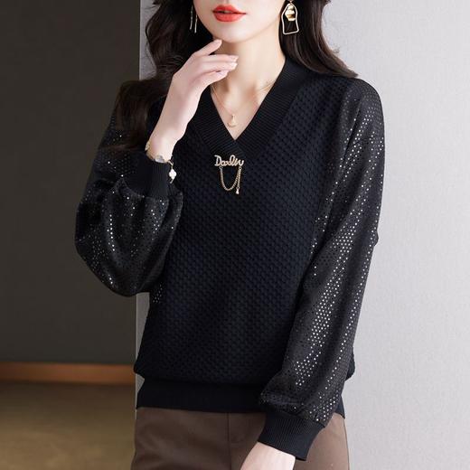 E3983 V领重工亮片长袖拼接上衣女2024年春秋洋气套头宽松针织打底毛衣 商品图1