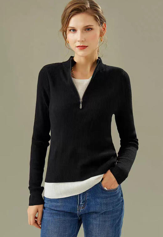 半拉链立领打底假两件针织衫 松弛氛围感撞色设计 百搭实穿 双层下摆 一件GET叠穿效果 视觉层次丰富 商品图4