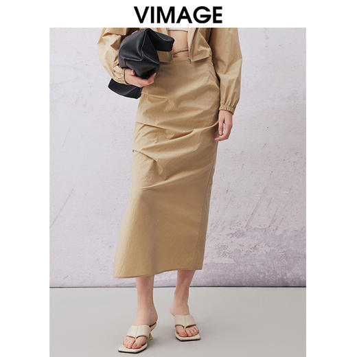 VIMAGE纬漫纪春夏新款休闲简约纯色高腰半身裙中裙V2106717 商品图0