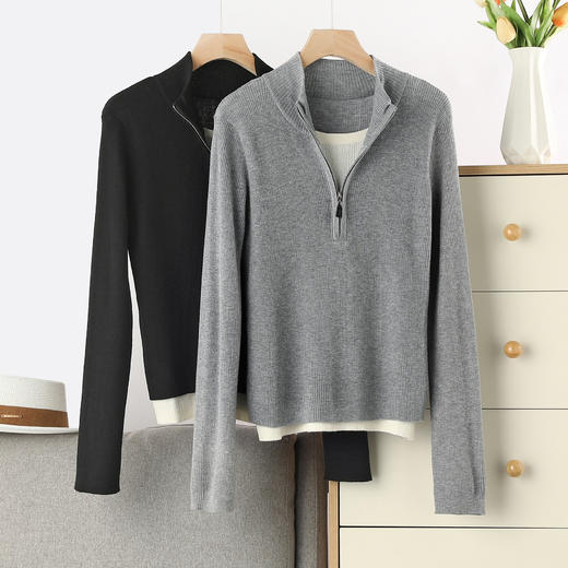 半拉链立领打底假两件针织衫 松弛氛围感撞色设计 百搭实穿 双层下摆 一件GET叠穿效果 视觉层次丰富 商品图6