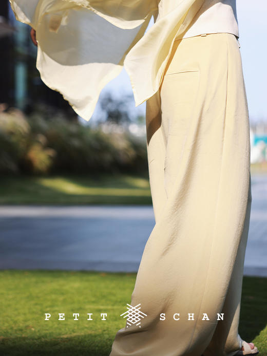 PETIT SCHAN小闪   CLO#261  Yellow Mimosa 黄色含羞草 桑蚕丝混纺压褶设计微锥廓形直筒裤 商品图0