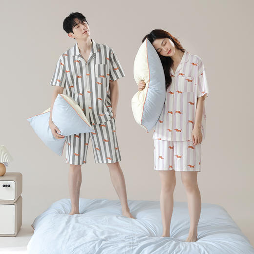 【抗菌新疆棉】自然醒甜蜜周末棉质条纹夏季睡衣情侣A类纯棉家居服男女士凉感短袖开衫款套装JLM 商品图6