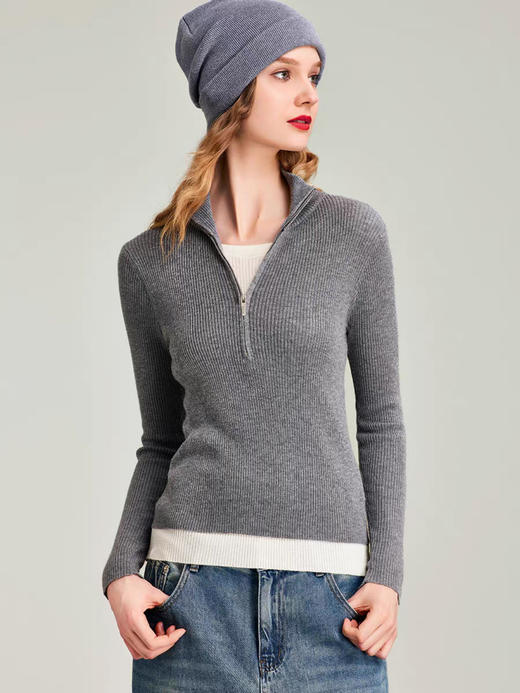 半拉链立领打底假两件针织衫 松弛氛围感撞色设计 百搭实穿 双层下摆 一件GET叠穿效果 视觉层次丰富 商品图0