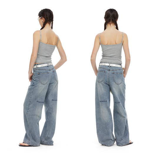 NUTH 立体抓褶设计水洗做旧宽松直筒阔腿牛仔裤 商品图2