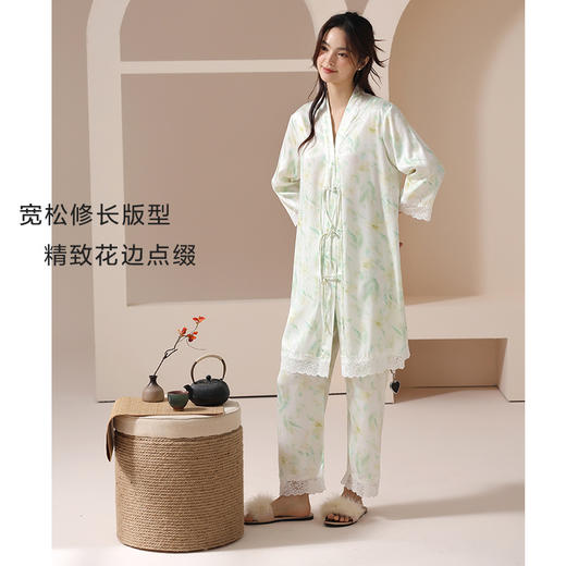 【凉感丝滑冰雪丝】自然醒竹叶笙笙春夏季新款中国风长袍睡衣女士凉感小翻领丝滑家居服睡袍套装JLM 商品图3