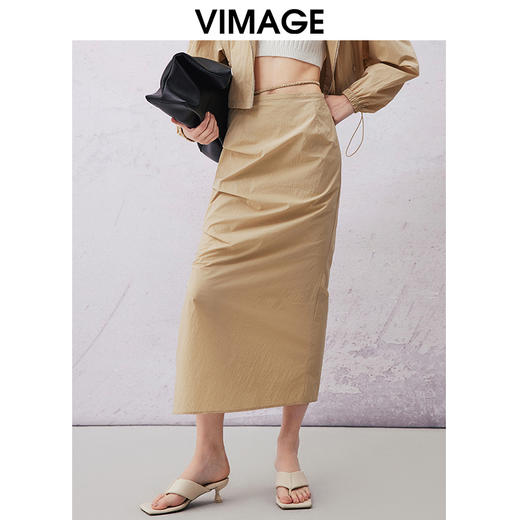 VIMAGE纬漫纪春夏新款休闲简约纯色高腰半身裙中裙V2106717 商品图2