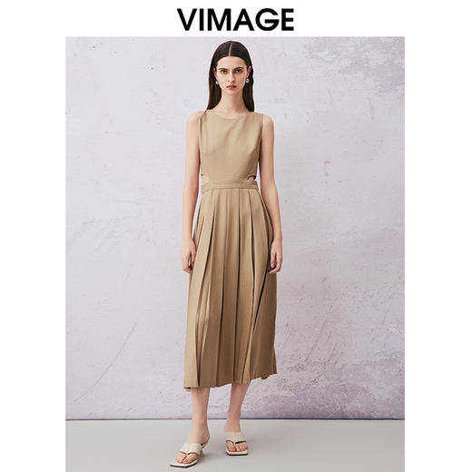 VIMAGE纬漫纪夏季新款时尚无袖百搭显瘦露腰百褶连衣裙V2107738 商品图4
