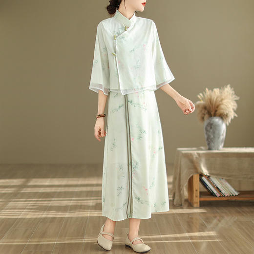 夏季新款，国风印花改良旗袍上衣+半身裙新中式汉服裙两件套装SJ-6632 商品图2