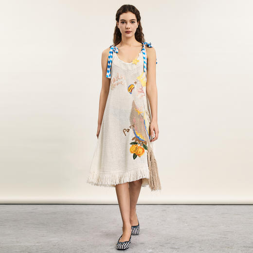 谜底吊带连衣裙2024年夏新品复古文艺风特色绣花中长裙242MZ0853 商品图0