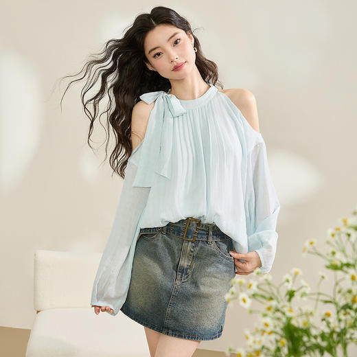 西遇法式挂脖白衬衫女新款高级感小众露肩宽松长袖上衣10031953 商品图2