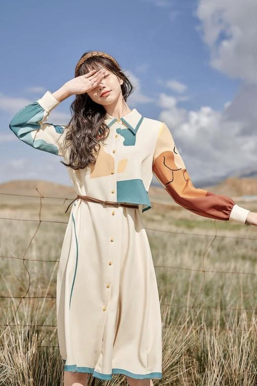 MEETLADY/米莱达 复古港风手绘涂鸦拼接连衣裙 14728【不含腰带】 商品图5