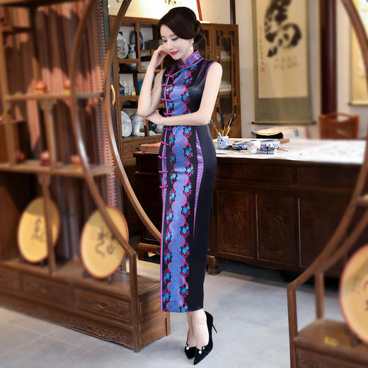 C1801 新款复合性感长款无袖拉链年会表演走秀演出服旗袍装 商品图1