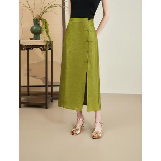 新中式国风复古盘扣半身裙新款气质优雅侧开叉中长裙V0440181 商品图0