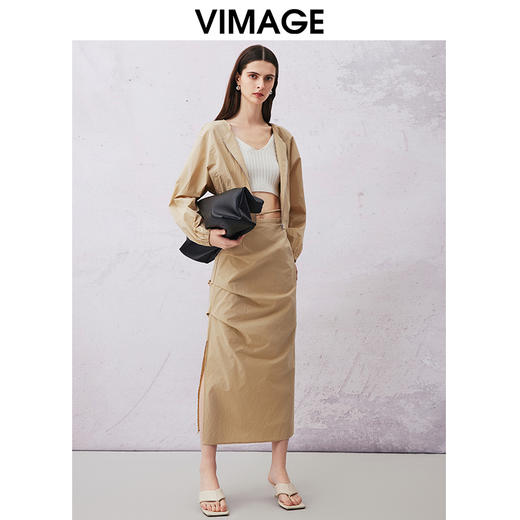 VIMAGE纬漫纪春夏新款休闲简约纯色高腰半身裙中裙V2106717 商品图1