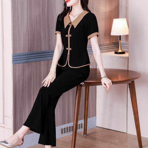 NYL-8727国风盘扣套装夏装新中式复古黑色修身显瘦上衣两件套女 商品图2