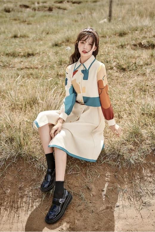 MEETLADY/米莱达 复古港风手绘涂鸦拼接连衣裙 14728【不含腰带】 商品图2