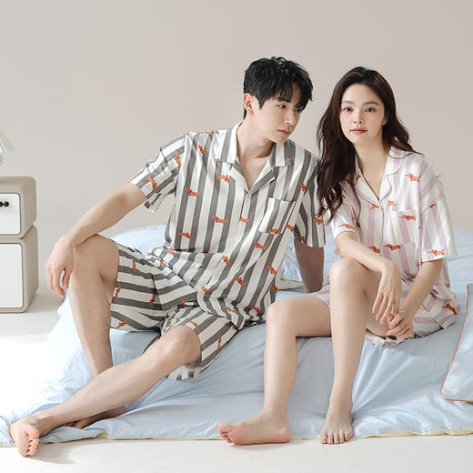 【抗菌新疆棉】自然醒甜蜜周末棉质条纹夏季睡衣情侣A类纯棉家居服男女士凉感短袖开衫款套装JLM 商品图4