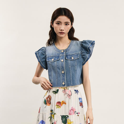 谜底牛仔马甲外套女2024夏新品复古文艺风荷叶袖短上衣242MW0562 商品图0