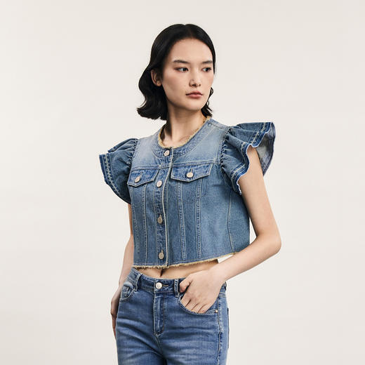 谜底牛仔马甲外套女2024夏新品复古文艺风荷叶袖短上衣242MW0562 商品图1