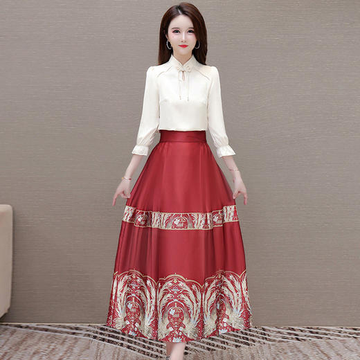 时髦洋气，春款短款国风七分袖小衫印花长款百褶时尚马面裙两件套QYM-AH-24A2144-L 商品图0