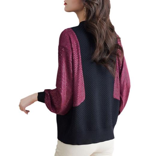 E3983 V领重工亮片长袖拼接上衣女2024年春秋洋气套头宽松针织打底毛衣 商品图4