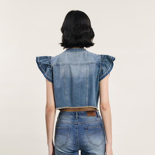 谜底牛仔马甲外套女2024夏新品复古文艺风荷叶袖短上衣242MW0562 商品图2