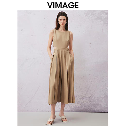 VIMAGE纬漫纪夏季新款时尚无袖百搭显瘦露腰百褶连衣裙V2107738 商品图0