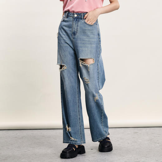 谜底破洞牛仔裤女2024年夏新品复古BF风亲肤透气直筒裤242MK0614 商品图1