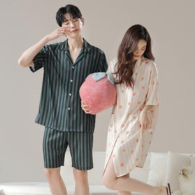 【凉感丝滑冰雪丝】自然醒夏日清晨冰雪丝情侣睡衣夏季薄款仿真丝绸短袖男女可外穿家居服JLM