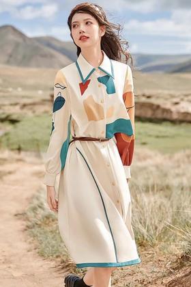 MEETLADY/米莱达 复古港风手绘涂鸦拼接连衣裙 14728【不含腰带】