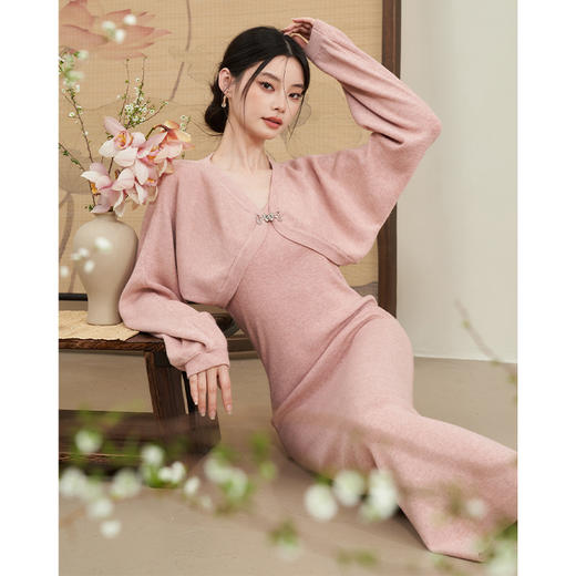 气质V领吊带针织连衣裙两件套女新款搭配长袖外套V2238921 商品图0