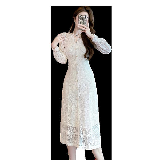 HT-5932春装法式初恋茶歇裙温柔风蕾丝仙女裙收腰显瘦白色连衣裙 商品图4