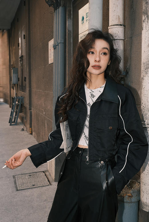 尼龙拼皮短款外套 商品图0