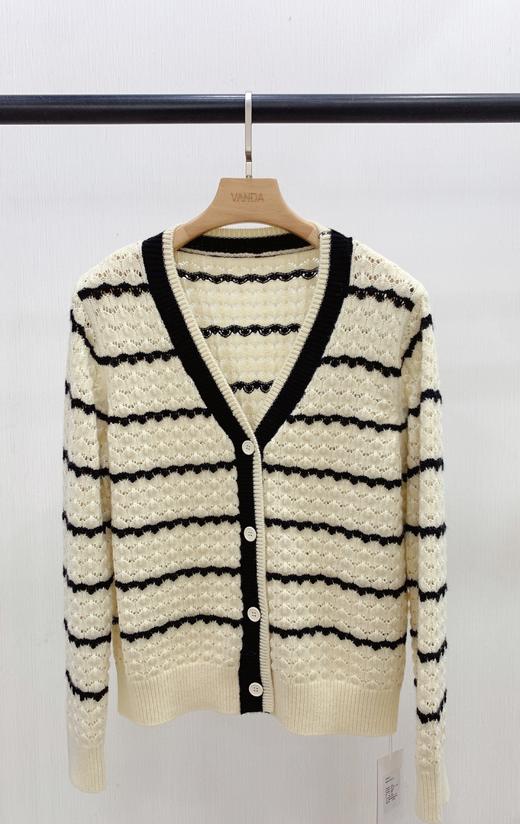 条纹镂空V领开衫 商品图1