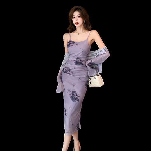 HT-3928名媛风玫瑰吊带褶皱设计包臀连衣裙+开衫外套气质两件套套装 商品图4