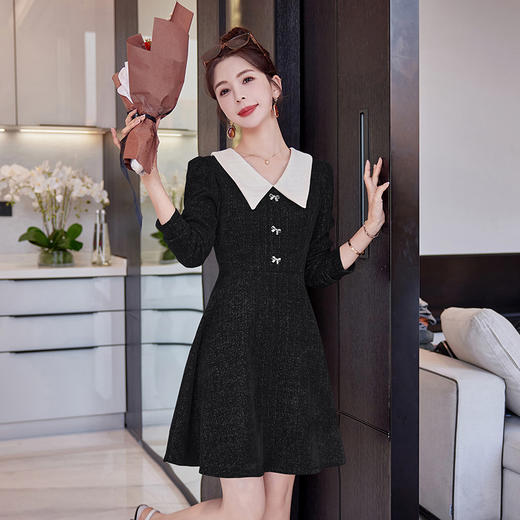 HRWL80309-2024年春季上新气质时尚优雅小香风拼接撞色翻领高腰A字连衣裙 商品图1