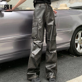 P&X设计师女装 美式阔腿复古PU休闲长裤街头 824109799 黑色