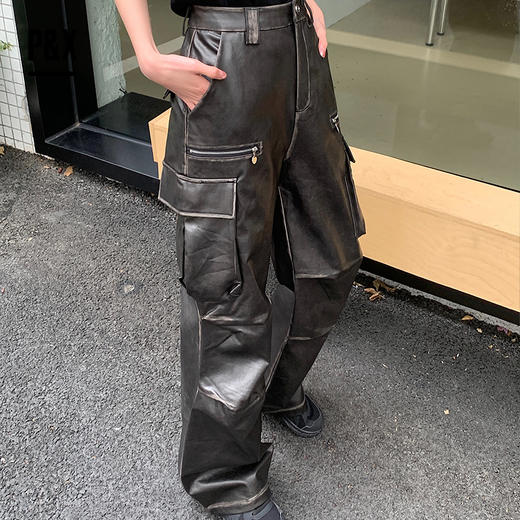 P&X设计师女装 美式阔腿复古PU休闲长裤街头 824109799 黑色 商品图1