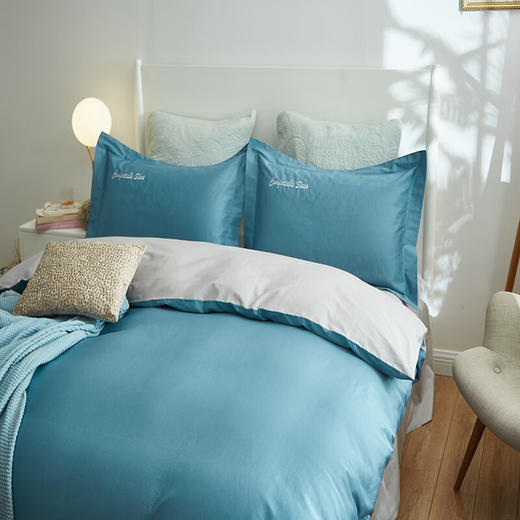 恒源祥60支全棉四件套纯色绣花床单被套高端礼盒款送人 蓝灰200*230cm 商品图1