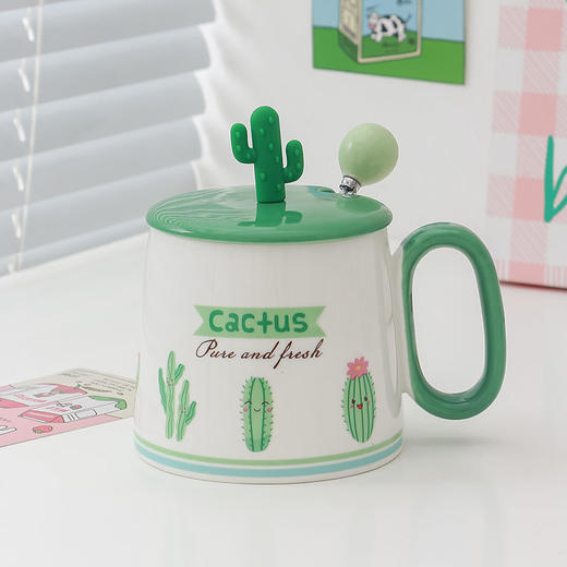陶瓷马克杯清新仙人掌大容量带盖勺家用情侣早餐奶牛办公室咖啡杯 商品图8