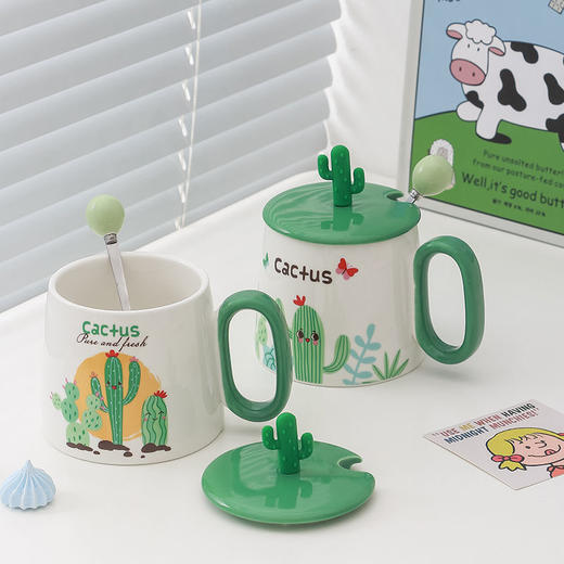 陶瓷马克杯清新仙人掌大容量带盖勺家用情侣早餐奶牛办公室咖啡杯 商品图2