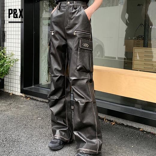 P&X设计师女装 美式阔腿复古PU休闲长裤街头 824109799 黑色 商品图2