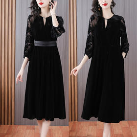 AHM-5570新中式复古黑色丝绒春季新款时尚优雅气质显瘦中长裙