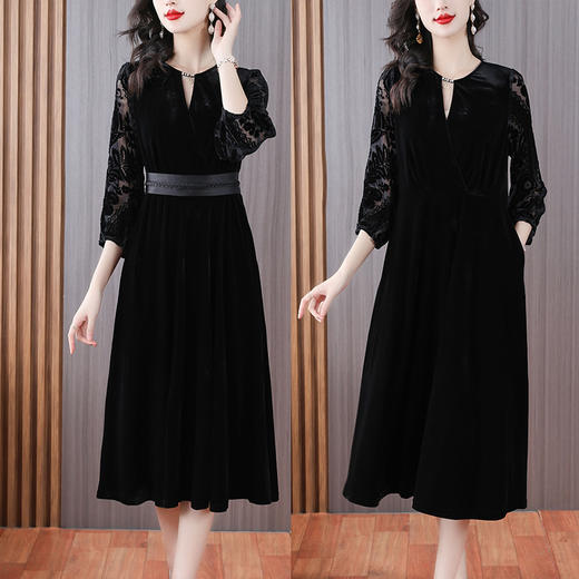 AHM-5570新中式复古黑色丝绒春季新款时尚优雅气质显瘦中长裙 商品图0