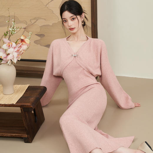 气质V领吊带针织连衣裙两件套女新款搭配长袖外套V2238921 商品图2