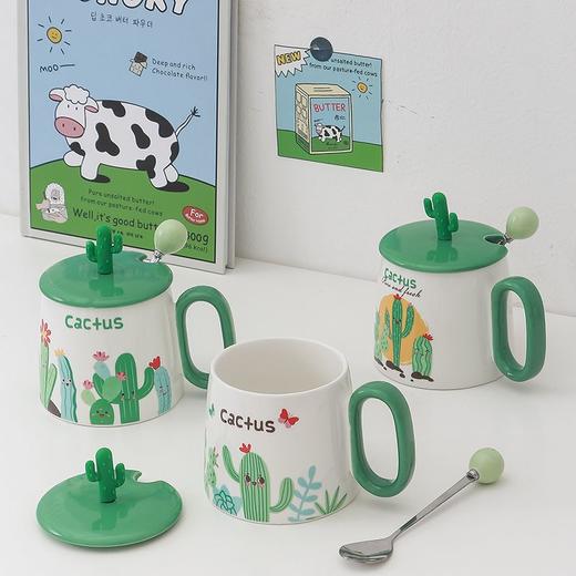 陶瓷马克杯清新仙人掌大容量带盖勺家用情侣早餐奶牛办公室咖啡杯 商品图0